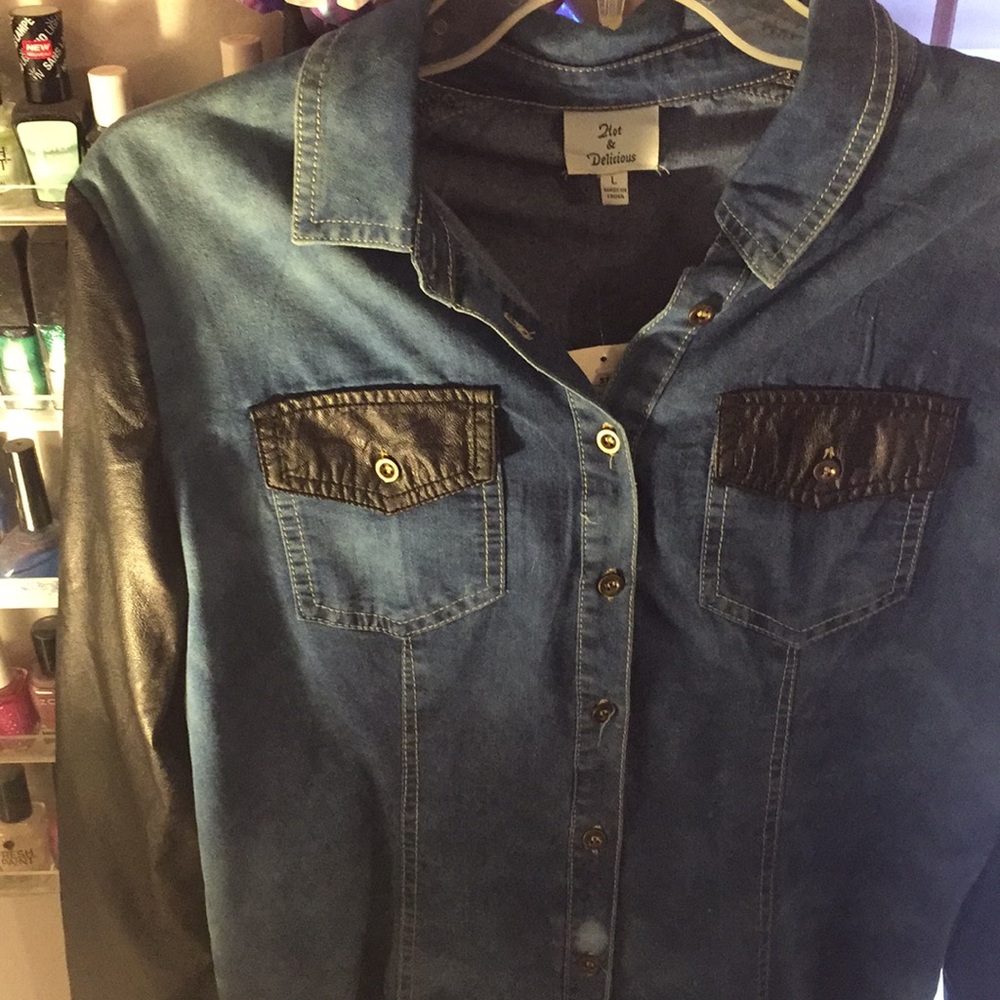 Denim leather long sleeve shirt